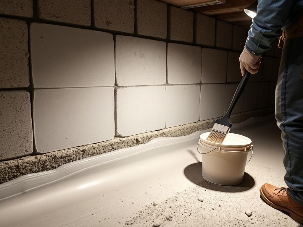 Basement wall being treated with cementitious waterproofing slurry