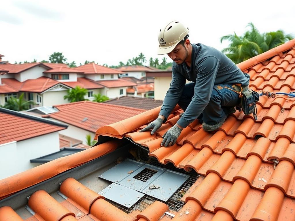 Roof tiles being repaired on a pitched roof