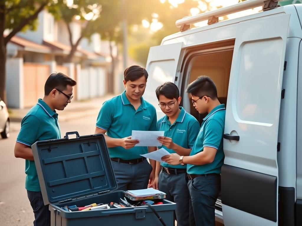 Cyberwell crew reviewing a job plan beside their service van