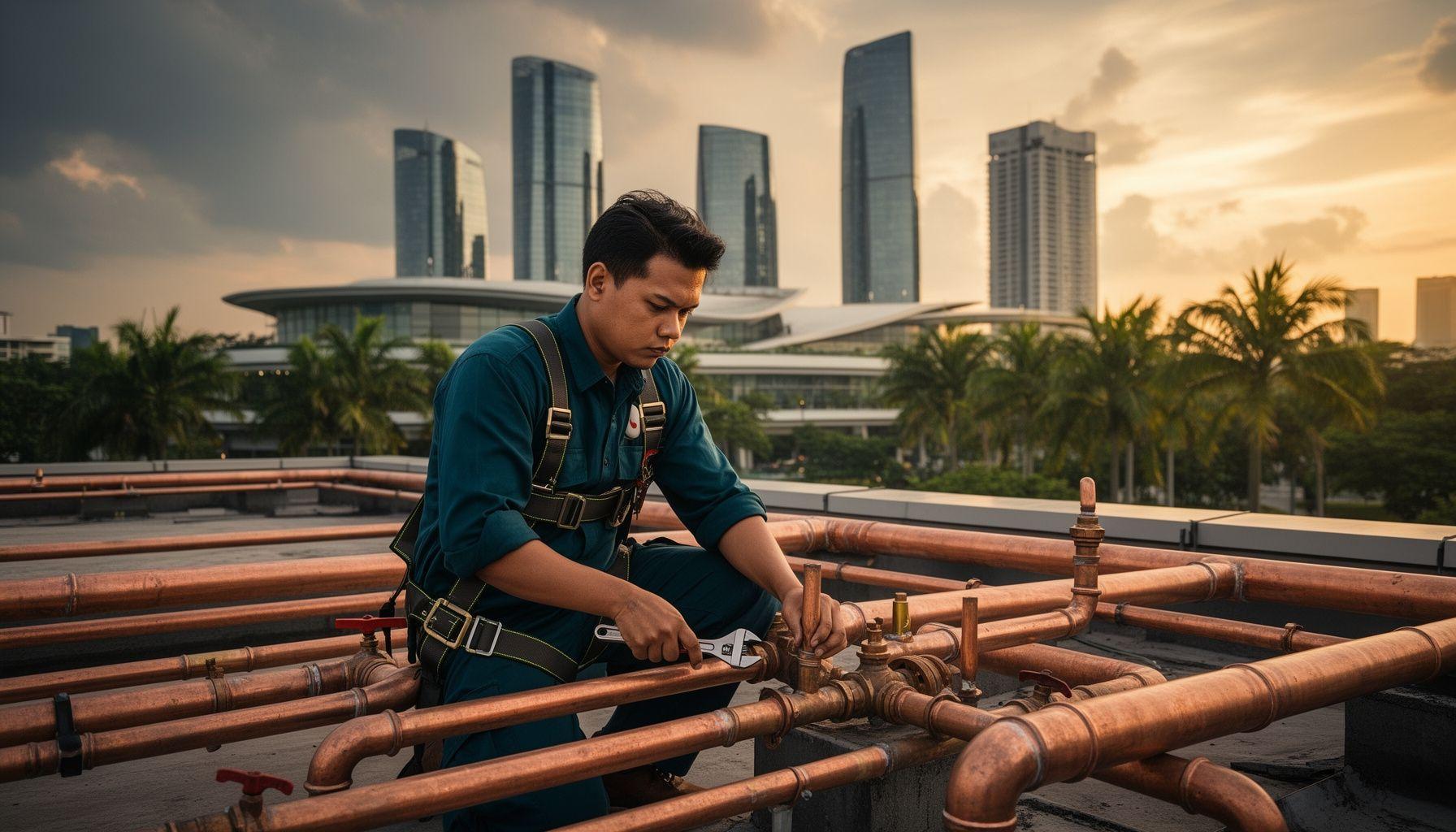 Cyberwell technician working on a rooftop piping installation in Cyberjaya