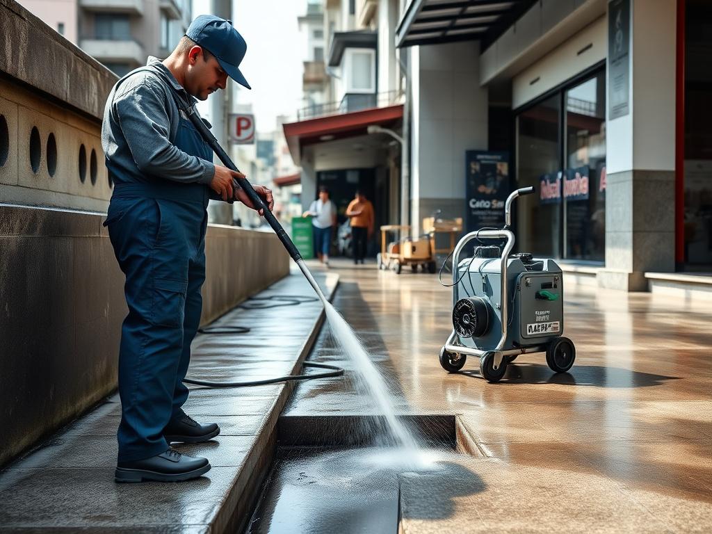 Technician operating a drain jetting machine
