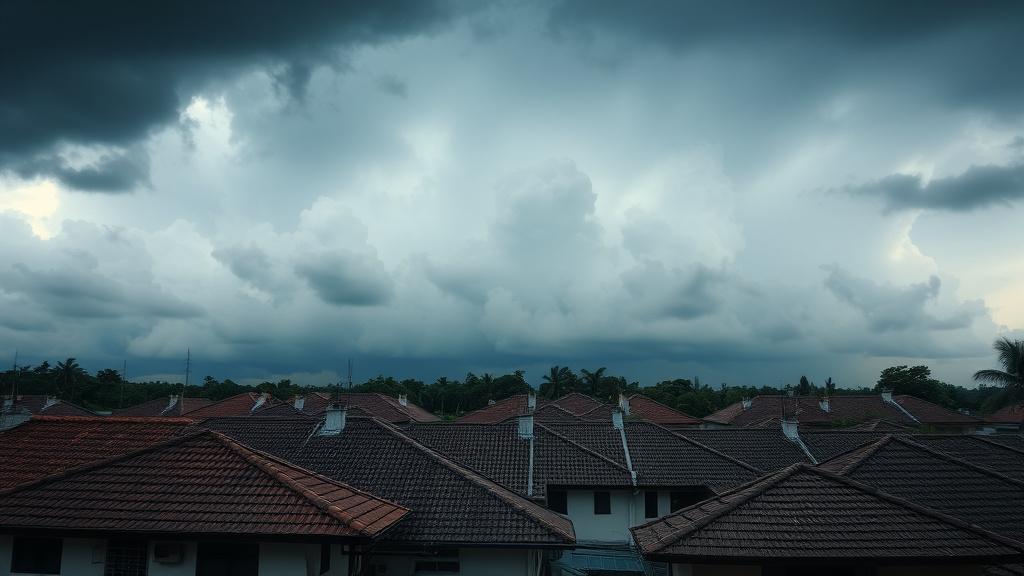 Dark monsoon clouds gathering over terrace house rooftops