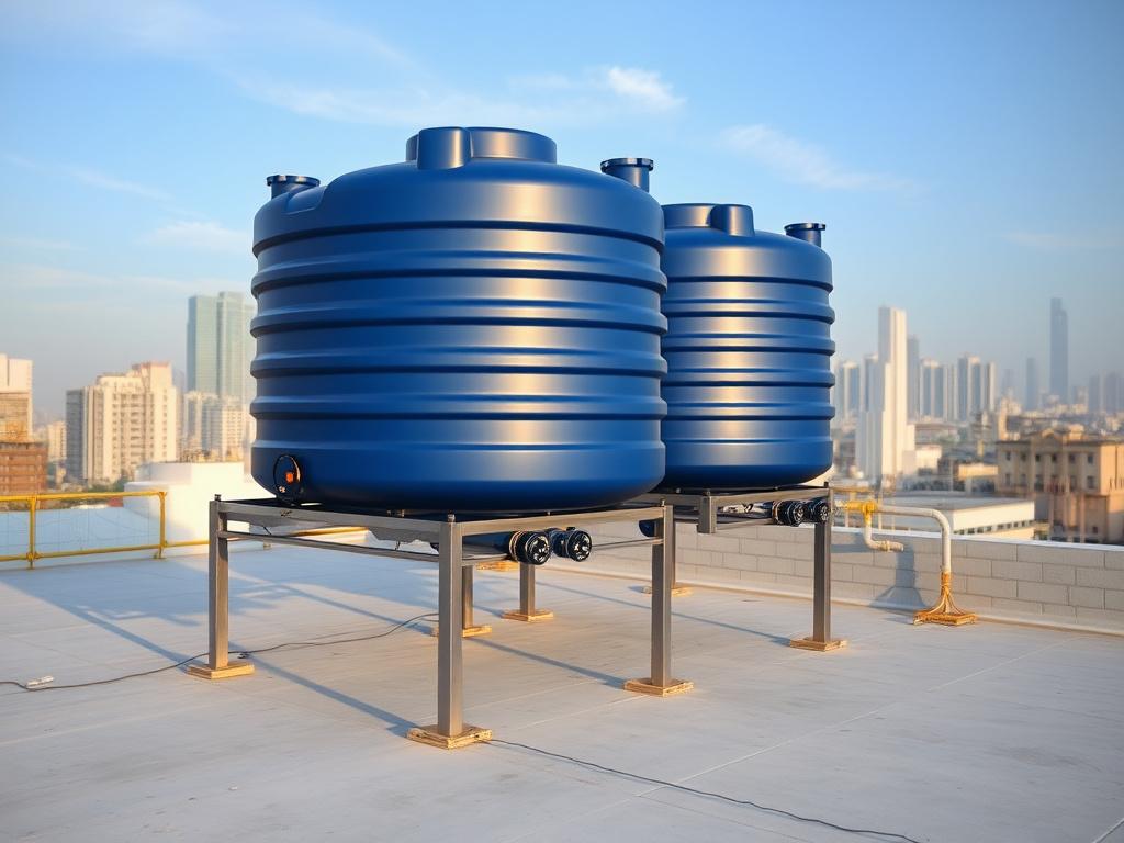 New polyethylene water storage tanks installed on a rooftop frame