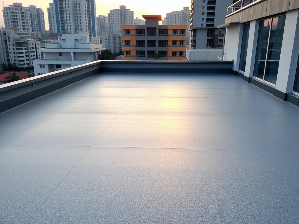 Flat roof terrace with freshly applied grey waterproof coating