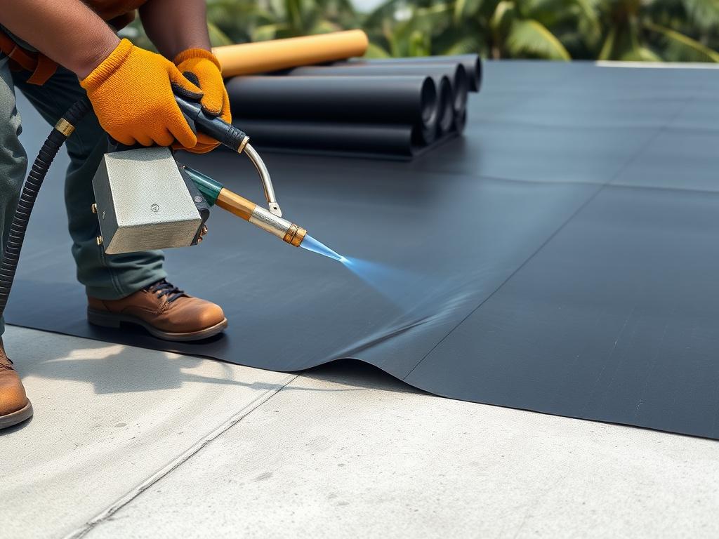 Torch-on waterproofing membrane being applied to a flat roof